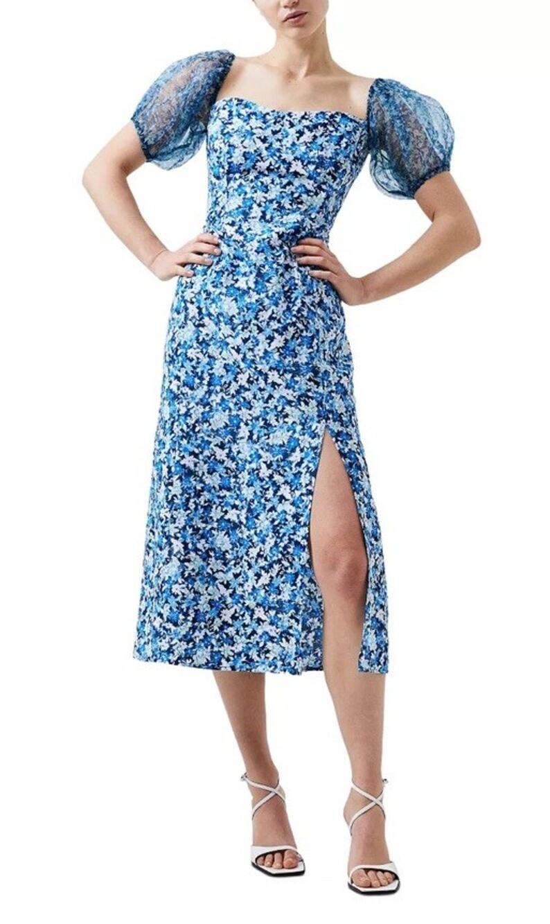 French Connection Dress Womens Size 6 Verona Blue Floral Crepe Midi Puff Sleeves
